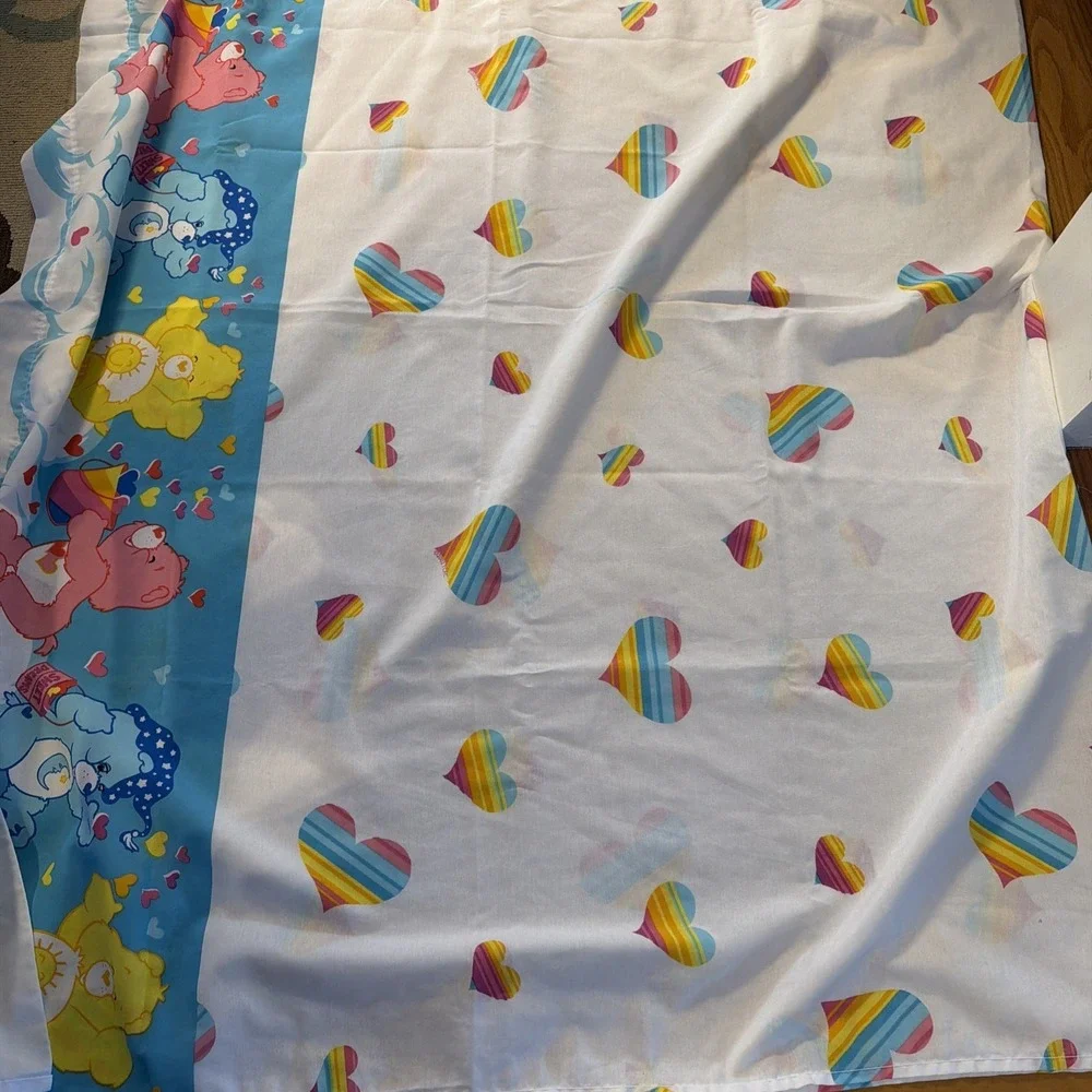 Care Bear Flat Sheet Rainbow Hearts Franco Mfg USA 2002 Vintage